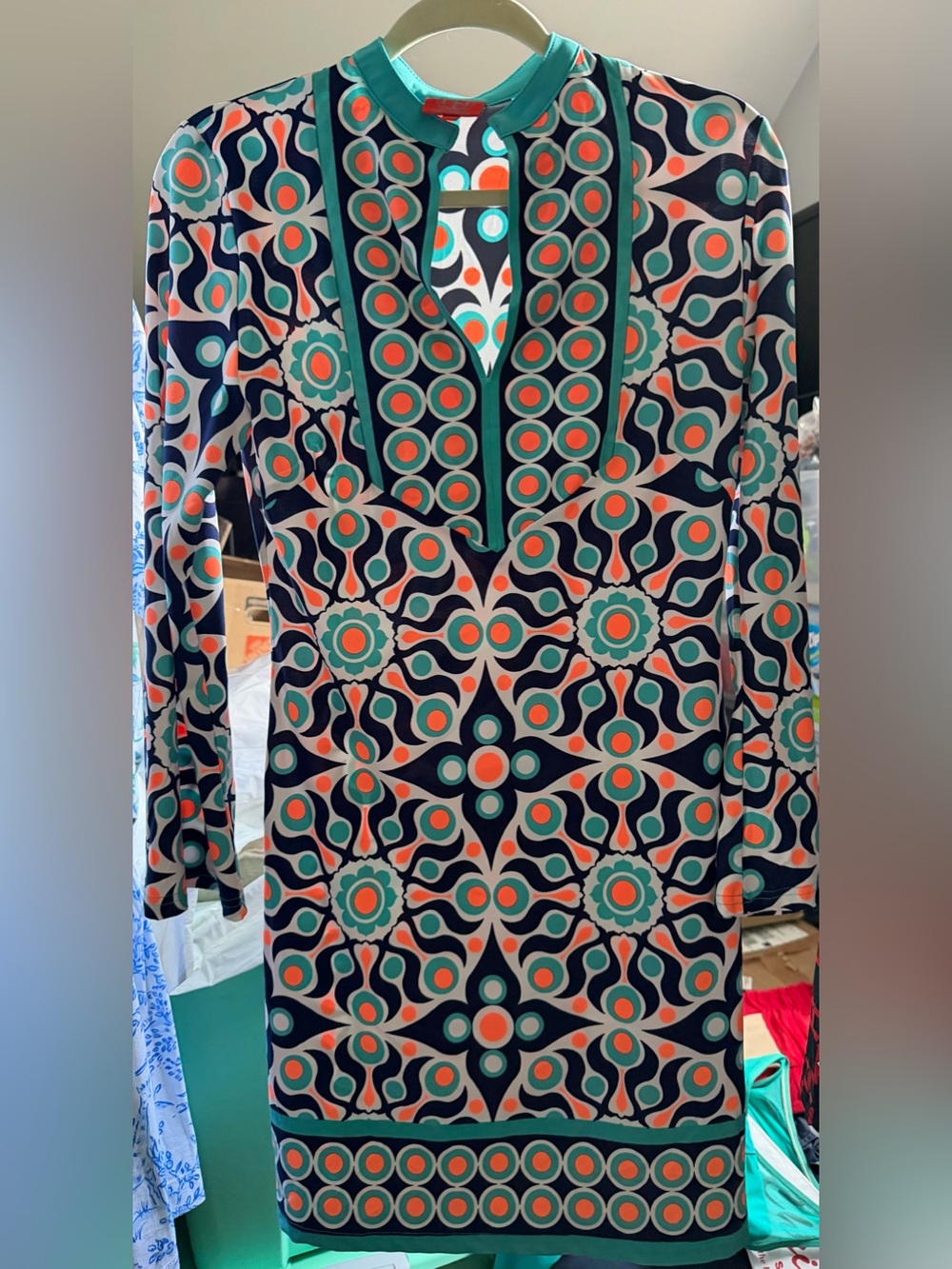 Tracy Negoshian Geometric Long Sleeve Dress in Navy, Teal & Coral